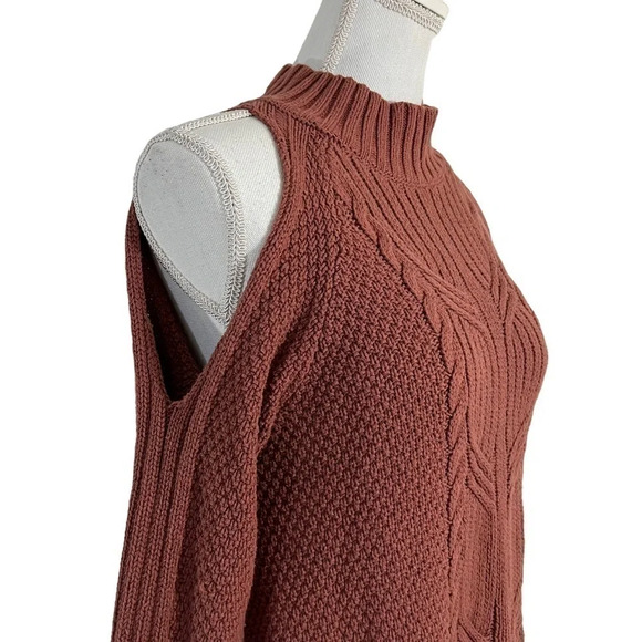 Express Brown Cable Knit Dress Small Cold Shoulder Solid Pattern Pullover Casual - Picture 6 of 9